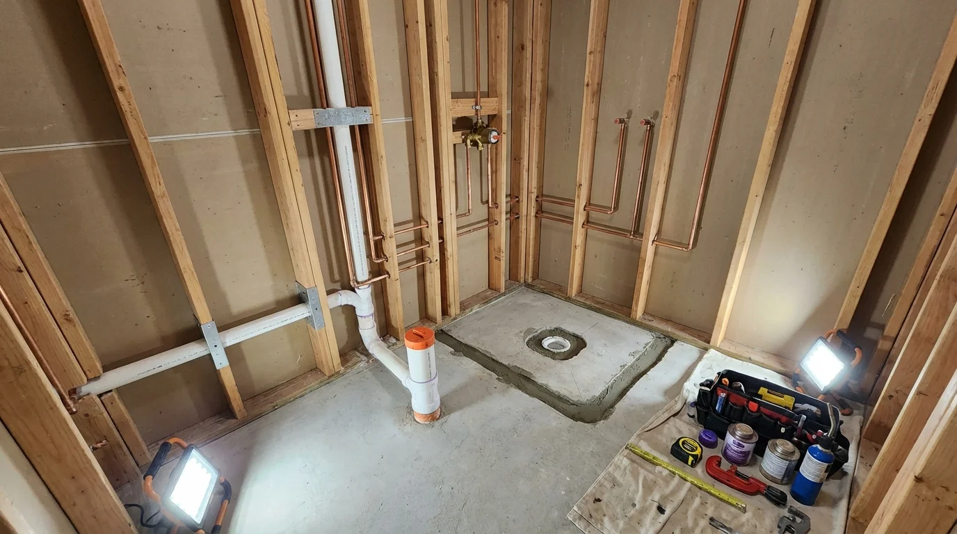 Bathroom rough-in plumbing during remodel by Johns Plumbing LLC in Onawa