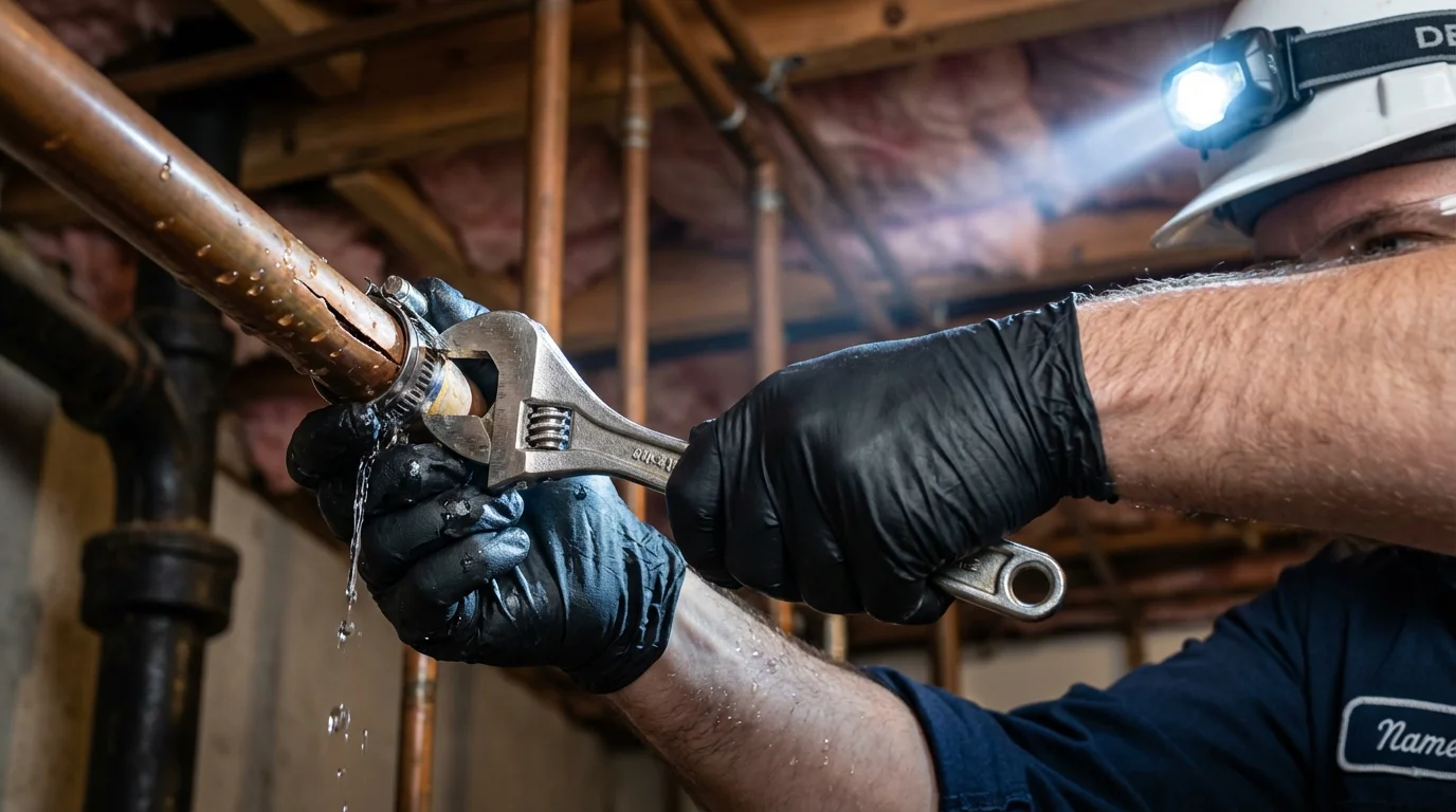 Emergency pipe clamp repair being performed by a Johns Plumbing LLC plumber in Onawa