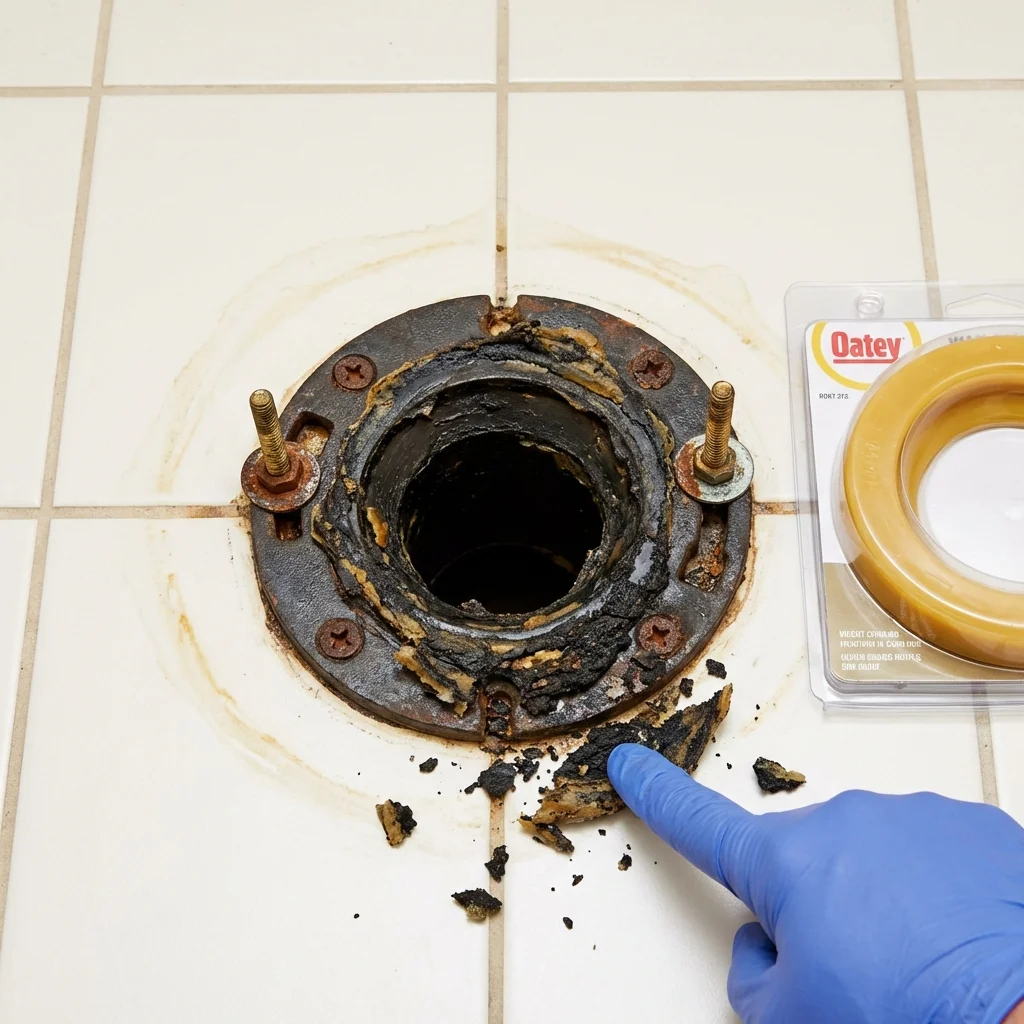 Failed wax ring showing water seepage at the base of a toilet in a Onawa, IA home